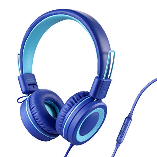 POWMEE P10 Kids Stereo Headphones with Microphone for Children Boys Girls,Adjustable 85dB/94dB Volume Control Foldable On-Ear Headphone for School/PC/Cellphone(Blue) - color: Blue