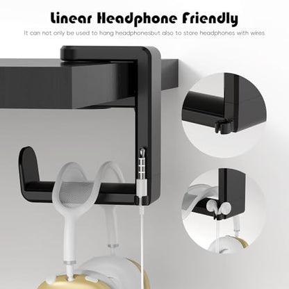 Rotating Headphone Hook - Under Desk Headphone Holder with 360-Degree Adjustable Rotation&Cable Clip Organizer - Black