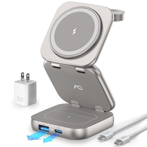 5-in-1 Wireless Charger for MagSafe, AC ISLAND Portable Travel Charging Station, 35W Max Qi2 Fast Foldable Magnetic Stand, Evolved for iPhone 17-12 Series, Apple Watch, AirPods (with 35W Adapter) - color: Titanium