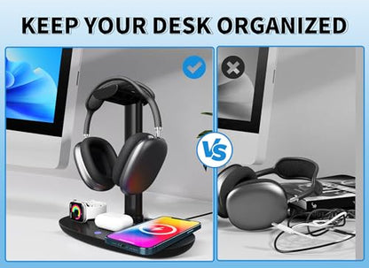 4 in 1 Headphone Stand with 15w Charger, Qi Charging Station Headset Holder, Detachable Design, Headphone Stand for Travel, Home, Hotel