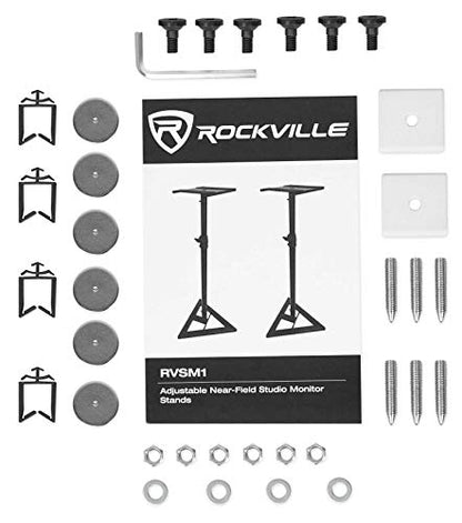 Rockville RVSM1 White Pair Adjustable Height Studio Monitor Speaker Stands | 33"-45" Height Range, 80 lb Capacity, EVA Isolation Pads, Steel Construction, Security Pin Lock