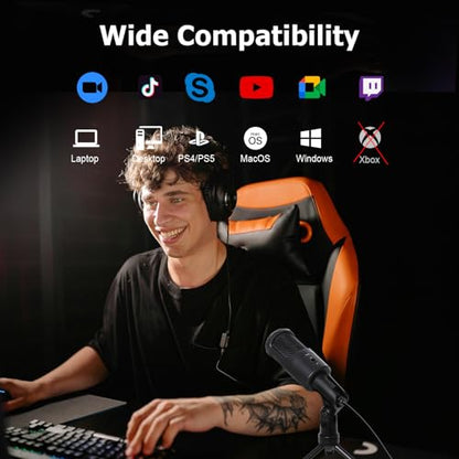 PC USB Microphone, Podcast Condenser Mic with Foldable Tripod Mute Switch for Streaming, Gaming, Podcasting, Recording, Chatting, Twitch, YouTube, on Computer, Laptop, PS4/5 Plug & Play