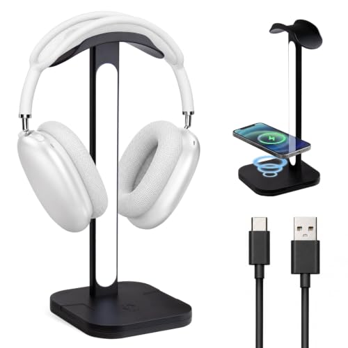 3-in-1 Headphone Stand with Wireless Charging Station and Desk Lamp, Headset Holder with Phone Charger, LED Desk Light for Gaming Setup, Office and Bedroom - color: Black