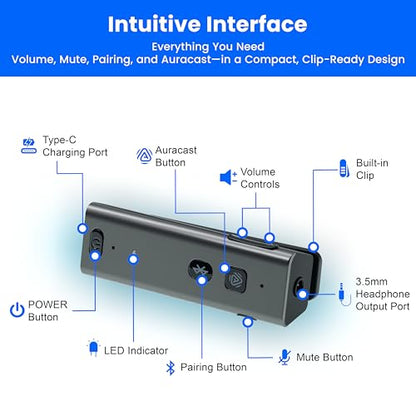 BA358 Wireless Bluetooth 5.3 Receiver with Auracast, 3.5mm Jack, aptX Adaptive & HD, 25+ Hour Battery, CVC Mic, Clip-On Design