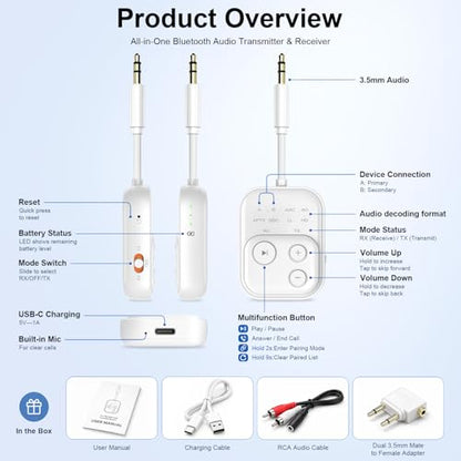 Bluetooth 6.0 Audio Transmitter Receiver, Bluetooth Adapter for TV/Airplane | Dual Link for 2 Headphones, Qualcomm aptX LL, HD, 3.5mm AUX Audio Transmitter for Flight Trave, Gym, Low Latency - color: White