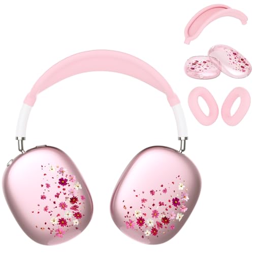 Headphone Cover for AirPods Max, Girly Cute Clear Ear Cups Covers, Pink Silicone Ear Pad Case Headband Cover for Apple AirPods Max (2024/2020), Pink Petals - color: Pink Petals-Pink