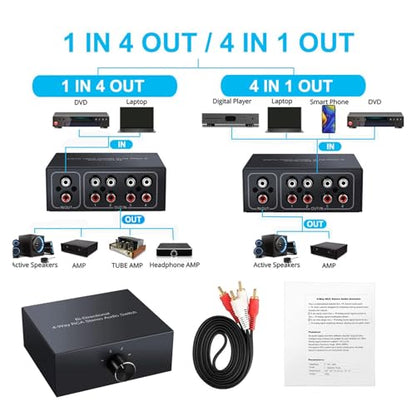4 Ports Bi-Directional R L RCA Audio Switcher Box Audio Rotary Switch Plug and Play Audio Splitter for TV Game Console Easy Install Easy to Use, Black, 500448133