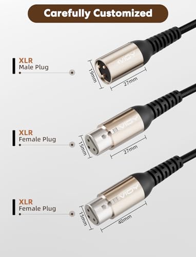 VIOY XLR Y Splitter Cable 6.6 FT, 3Pin Balanced 1 Male to 2 Female Mic Cord | noise reduction shielding, self-locking XLR plug, aluminum shell,nylon braided mic cord for studio recording and podcast - size: 6.6FT