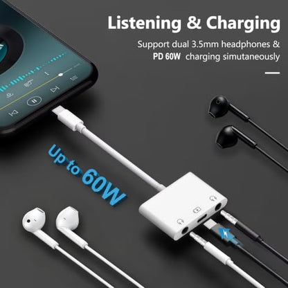 USB C Headphone Splitter, USB C to Dual 3.5mm Audio and Charging Adapter