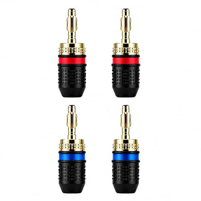 2Pcs Gold Plated Banana Plugs, Speaker Wire Connectors, Easy Installation, Quick Connect for Audio Video Amplifiers and Speaker Cables, Red & Blue