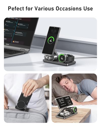 3 in 1 Foldable Magnetic Wireless Charging Station for Samsung, Wireless Charger Stand for Galaxy S26 Ultra S25/S24 /Note 20/Flip 7/Fold 7, for Galaxy Watch Ultra/8/7/6,Galaxy Buds 3/3 Pro - color: Black
