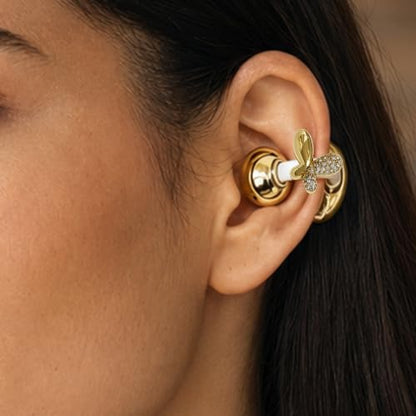 Clip-on Bluetooth Earbuds, with Handbag-Style Charging Case (Gold Earbuds + Gold Butterfly Jewelry) - color: Gold earbuds + Gold butterfly jewelry
