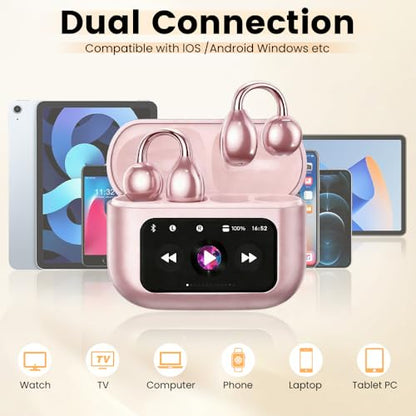 Clip On Ear Headphones, Open Ear Earbuds Wireless Bluetooth 5.4, Clip On Earbuds with LCD Touchscreen, Lightweight Comfort Open Ear Headphones for Pad Tablet Laptop Android/iOS Phones (Pink) - color: Pink