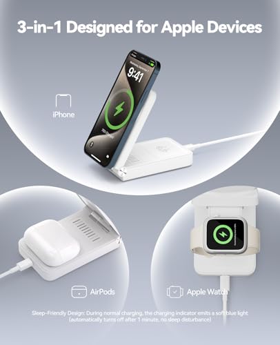 3 in 1 Charging Station, 25W Foldable Magnetic Fast Wireless Charger Stand | For Apple Multiple Devices, Travel Charger for iPhone 17 16 15 14 13 12 Series Watch AirPods 4/3/2/Pro