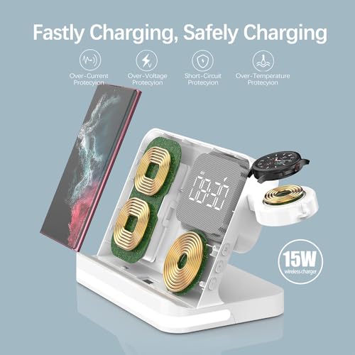AYI 4in1 Multi Functional Wireless Charging Station with Digital Alarm Clock 15W Fast Charger Night Light Wireless Charger for All Qi Phone and Earbud Headphone Compliant with i-Watch-B22 White - color: Wireless Charger B22 White