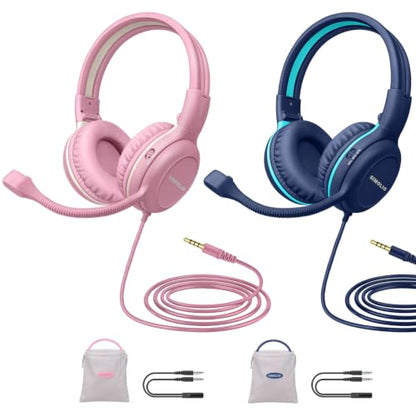 SIMOLIO Wired Headphones for School with Microphone, Stereo Kids Headphone with Flexible Swivel Boom Mic for Student K12 & Teacher & E-Learning, 3 Levels Volume Limiter Gaming Headsets for Boys, Girls - color: Pink & Blue