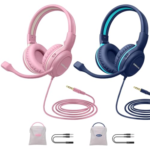 SIMOLIO Wired Headphones for School with Microphone, Stereo Kids Headphone with Flexible Swivel Boom Mic for Student K12 & Teacher & E-Learning, 3 Levels Volume Limiter Gaming Headsets for Boys, Girls - color: Pink & Blue