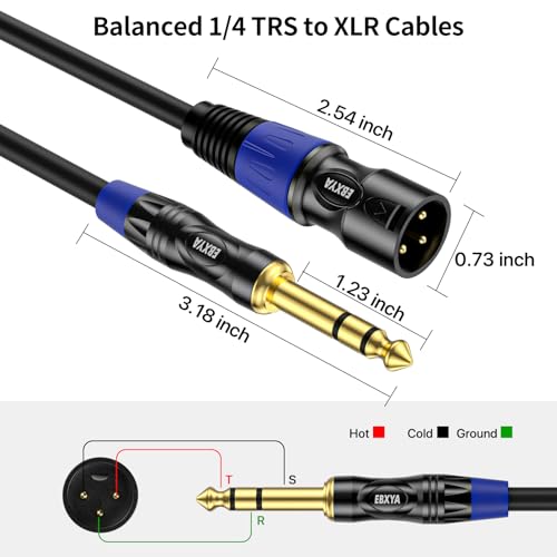 EBXYA 3ft 2Pack 1/4 TRS 6.35mm to 3Pin XLR Balanced Male Audio Cable | Double Shielded, Bend-Resistant, for Studio, Mixers, Guitars - size: 3 feet-2 Pack, style: TRS to XLR Male