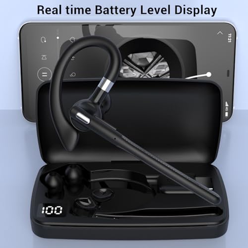 Single Ear Earpiece Comfortable Design, Wireless Bluetooth Headset 180 Rotatable Hook with Charging Case for Driver Office Phone PC