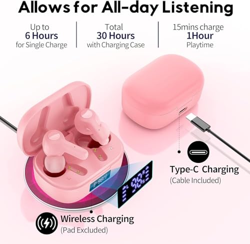 MOZOTER Bluetooth 5.3 Wireless Earbuds,Deep Bass Loud Sound Clear Call Noise Cancelling with 4 Microphones in-Ear Headphones with Wireless Charging Case Compatible for iPhone Android,Work -Pink01 - color: Pink