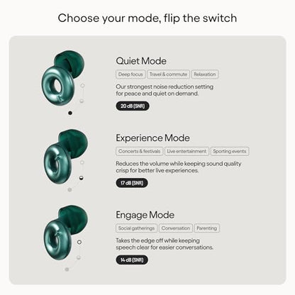 Loop Switch 2 Adjustable Ear Plugs - 3 Modes for Ultimate Control | 20-26dB SNR noise reduction. Flexible fit. For focus, travel, socializing, festivals & more - color: Emerald