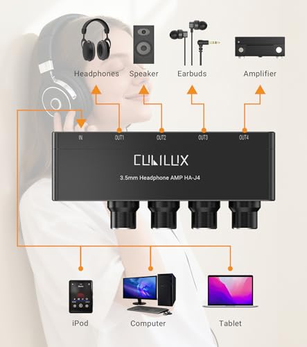 4-Way 3.5mm Headphone Amplifier with Independent Volume Control, 16-300 Ohm, Aluminum Case Stereo Audio Splitter Box for Headphone, Speaker, and Laptop-5V DC Power Supply