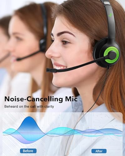 JIAMQISHI USB Headset with Mic for PC, On-Ear Computer Laptop Headphones with Noise Cancelling Microphone in-line Control for Home Office Online Class (USB+3.5mm, Green) - color: Green, style: USB+3.5mm