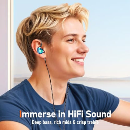 Audiovance Vibes 202ML HiFi 유선 이어버드, 아이폰 14/13/12/11/X, 프로 맥스용 | 마이크가 있는 인이어 헤드폰, 선명한 사운드, 딥 베이스, 소음 차단 이어버드, 실버 도금 코드, 편안한 핏, 케이스 - color: 7-블루.
