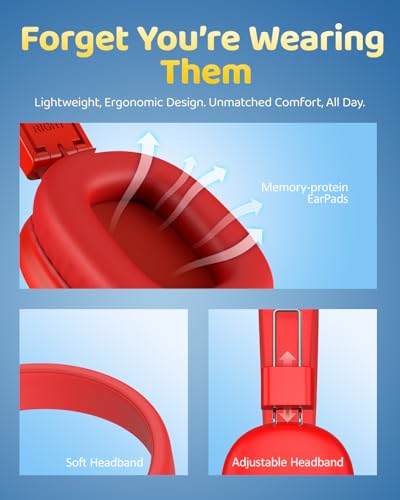 awatrue Kids Over-Ear Bluetooth Headphones, 85dBA Safe Volume, Red | Built-in Microphone, Bluetooth 5.4, Foldable, 50H Playtime, USB-C Charging - color: Red