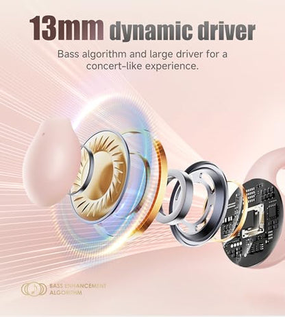 King Lucky i21 Open Ear Clip On Earbuds Wireless Bluetooth Ear Clip Headphones with Mic,Noise Cancelling, Waterproof IPX4,for Small Ears,Perfect for Running,Sports,Glasses Wearers (Pink) - color: Pink