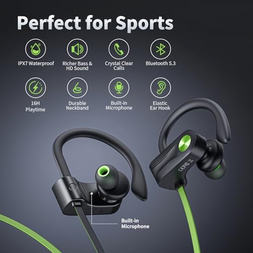 JOYWISE Bluetooth Headphones, Wireless Earbuds IPX7 Waterproof for Gym | Bluetooth 5.3 Headphones with 16Hrs Playtime Stereo Bass Headsets with Mic Running Headsets with Earhooks for Sports Running - color: Green