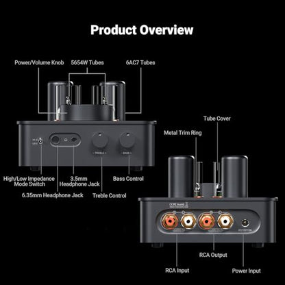 Fosi Audio GR70 Tube Headphone Amp Preamp, Authentic Tube-Amplification with Vacuum 5654W*2 & 6AC7*2, Mini HiFi Preamplifier for Home Audio, 3.5mm & 6.35mm Jacks Supporting 16-300 ohms Impedance