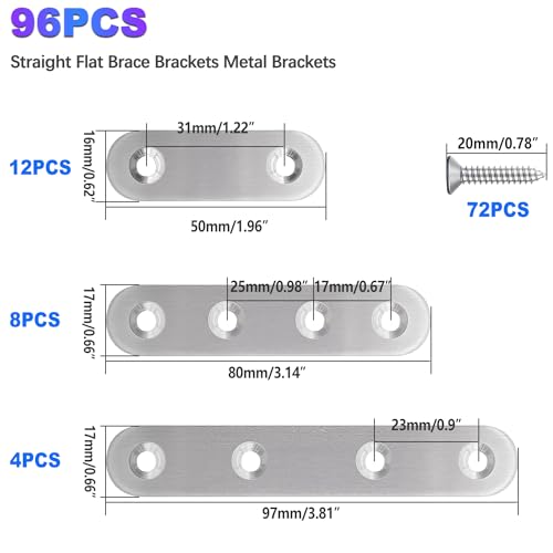 mxuteuk 96PCS Stainless Steel Straight Flat Brackets,Metal Bracket,Mending Plate,Metal Brackets for Wood (50mm/80mm/100mm) - color: Silver-50/80/100mm