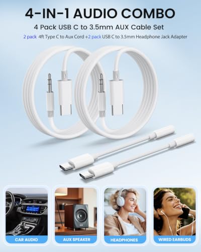 USB C to 3.5mm AUX Cable Set, 4 Pack, AUX to USB C Cord & Adapter | 2 AUX cords + 2 DAC audio dongles, USB C to AUX audio, music, mic, calls & recording, for car stereo, speakers & headphones