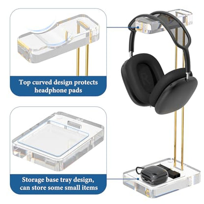 GEEKRIA Headphone Stand for Desk, Clear Acrylic Headset Stand with Gold Metal Accent, Gaming Headphone Holder, Universal Desktop Display Stand for Over-Ear Headphones