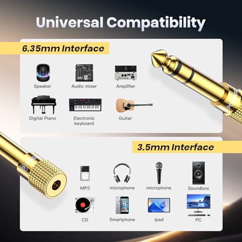 6.35mm 1/4 Male to 3.5mm 1/8 Female Headphone Jack Adapter 5 Pack | 24K Gold-Plated, 3.5mm to 1/4 Adapter Stereo, Aux Jack Converter for Speaker Digital Piano Drums Guitar Amplifier - size: 5 PACK