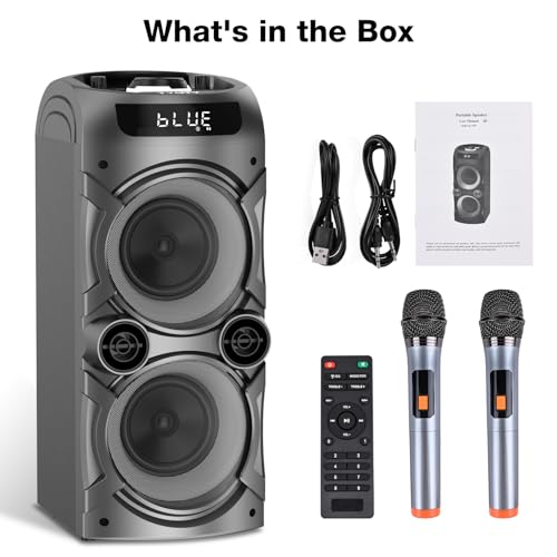 Karaoke Machine with 2 Wireless Microphones, Portable PA System Big Bluetooth Speaker with LED Lights, Remote Control Support Bass/Treble Adjustment, TF Card/USB, REC for Adult Kids Home Party