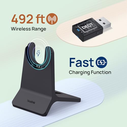 Yealink WH64 Mono Hybrid Wireless Headset with Mic DECT Dongle & Bluetooth | Teams Zoom Certified Headphones with Charging Stand, 492ft Range, 3X Noise Canceling Mic, 26H Battery for PC Cell Phones - style: WH64 Hy-Mono with Stand