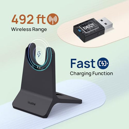 Yealink WH64 Mono Hybrid Wireless Headset with Mic DECT Dongle & Bluetooth | Teams Zoom Certified Headphones with Charging Stand, 492ft Range, 3X Noise Canceling Mic, 26H Battery for PC Cell Phones - style: WH64 Hy-Mono with Stand