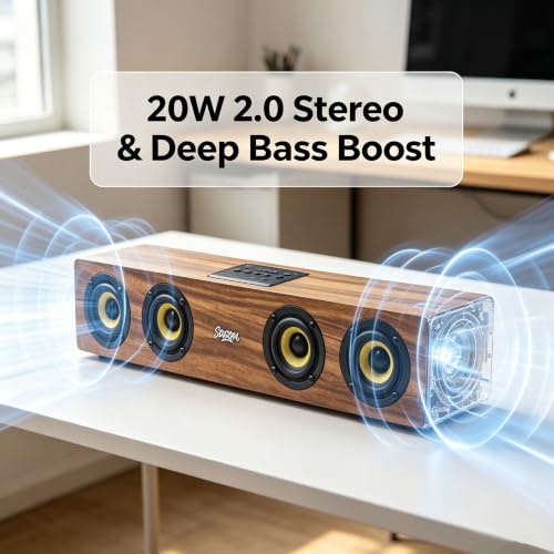 Retro Wooden Bluetooth 5.3 Portable Soundbar Speaker, 20W 2.0 Stereo with Bass Boost, TWS Pairing, USB/TF/AUX/FM Radio, for PC, Monitor, Laptop, Tablet & Smartphone