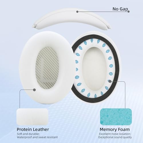 Ear Cushion and Headband for Bose QC45 QC35, Replacement Headstrap Pad Repair Part with Protein Leather& Memory Foam (White) - color: White