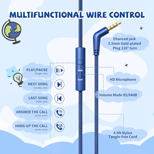 Kids Headphones Wired for School, 3.5mm Safe Volume Limited with Mic, Navy - color: Navy Blue
