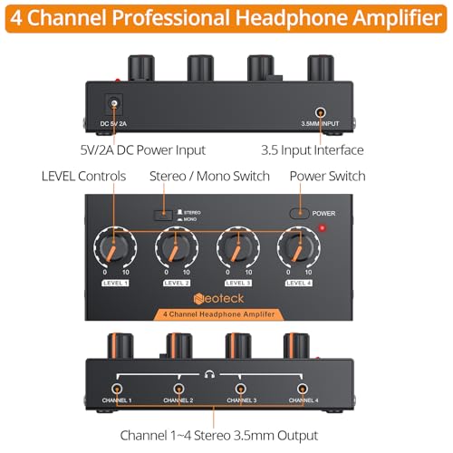Neoteck 4 Channel Stereo Headphone Amplifier Audio Mono/Stereo Amplifier | with Volume Control 4 Channel in Metal with 3.5mm Audio Cable Suitable for Recordings/Mixing/Musical Practices