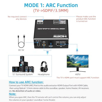 HDMI ARC Audio Extractor, 4K@60Hz HDMI ARC Adapter to Optical/SPDIF/3.5mm AUX Audio Adapter Converter Splitter Support LPCM 5.1/DTS/DSD for Laptop/TV Box/DVD/PS5/Soundbar/Speaker/Amplifier