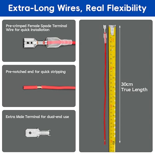 Speaker Wire Connector Kit 30PCS 18AWG Female Spade Terminal Wire Connectors Pre-Crimped 2.8/4.8/6.3mm, 30cm Red & Black, with 15PCS Extra Open-End Male Terminals—All with Insulating Sleeves