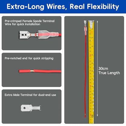 Speaker Wire Connector Kit 30PCS 18AWG Female Spade Terminal Wire Connectors Pre-Crimped 2.8/4.8/6.3mm, 30cm Red & Black, with 15PCS Extra Open-End Male Terminals—All with Insulating Sleeves