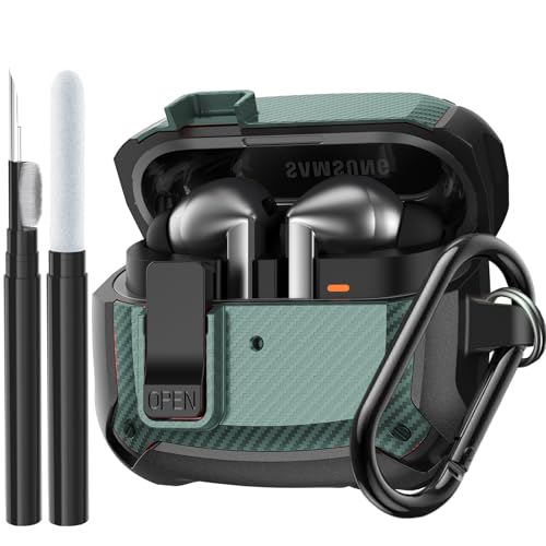 Compatible Samsung Galaxy Buds 3 Pro Case/Bud 3 Cover Clip with Cleaner Kit, Military Shell Protective Armor Case Cover with Lock & Carabiner for Galaxy Buds 3/3 Pro 2024 Men Women Black Green - color: Black-Green