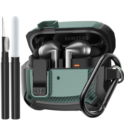 Compatible Samsung Galaxy Buds 3 Pro Case/Bud 3 Cover Clip with Cleaner Kit, Military Shell Protective Armor Case Cover with Lock & Carabiner for Galaxy Buds 3/3 Pro 2024 Men Women Black Green - color: Black-Green
