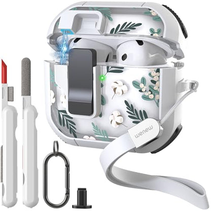 WENEW Case for AirPods 4th Case Cover Secure Lock Automatic Snap Switch Clip Cleaner Kit Lanyard Women Stylish Flower Armour Hard Shell Full Body Front LED Visible (Green Leaves, AirPods 4th) - color: Green Leaves, size: AirPods 4