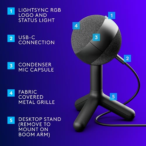 Logitech G Yeti Orb Condenser RGB Gaming Mic with LIGHTSYNC, USB Mic for Streaming, Cardioid for PC/Mac - Black (Renewed)